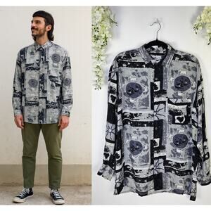 Vintage Mens Large Silk Button Up Gray Abstract Elephant Art Unique 80s Funky